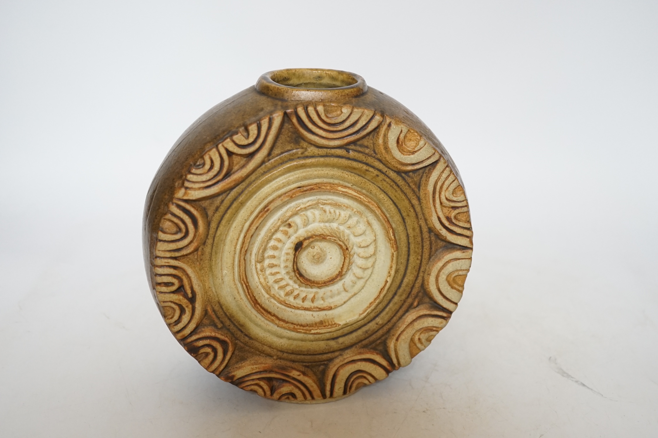 A Bernard Rooke circular pottery vase, signed BR on base, 18.5cm high